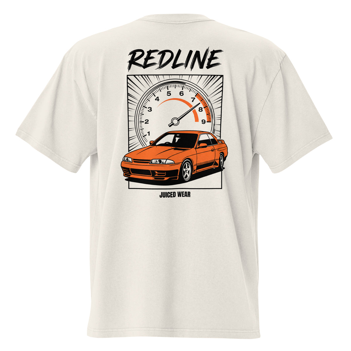 REDLINE Oversized Faded T-Shirt in Faded Bone – Rückansicht mit orangefarbenem Sportwagen und Drehzahlmesser