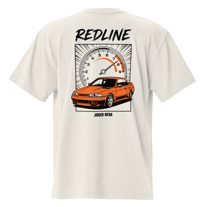 REDLINE Oversized Faded T-Shirt in Faded Bone – Rückansicht mit orangefarbenem Sportwagen und Drehzahlmesser