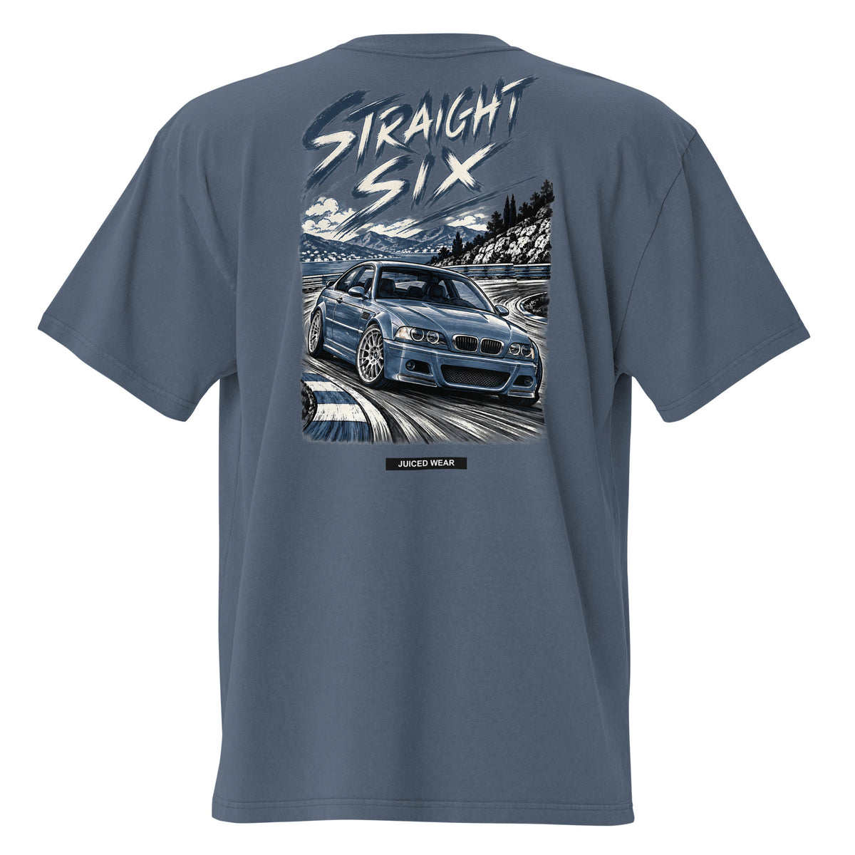 STRAIGHT SIX Oversized Faded T-Shirt in Indigo mit E46-inspiriertem Rückenprint und JUICED WEAR Label