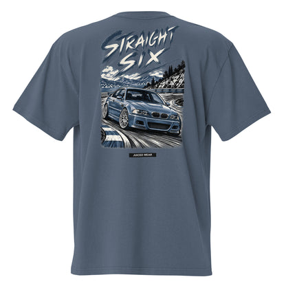 STRAIGHT SIX Oversized Faded T-Shirt in Indigo mit E46-inspiriertem Rückenprint und JUICED WEAR Label