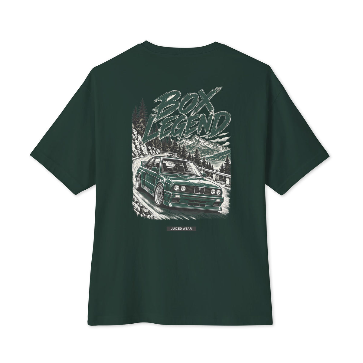 BOX LEGEND Oversized T-Shirt in Waldgrün mit E30-inspiriertem Rückenprint und JUICED WEAR Label