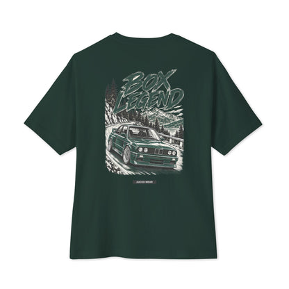 BOX LEGEND Oversized T-Shirt in Waldgrün mit E30-inspiriertem Rückenprint und JUICED WEAR Label