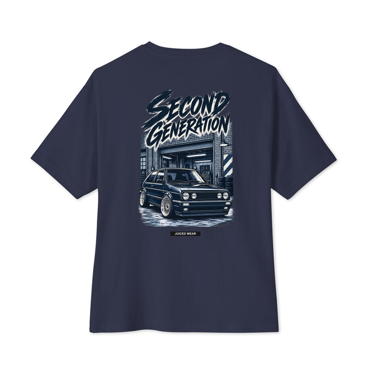 SECOND GENERATION Oversized T-Shirt in Navy – Rückenansicht mit Golf-Mk2-inspiriertem Auto-Print und JUICED WEAR Label