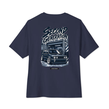 SECOND GENERATION Oversized T-Shirt in Navy – Rückenansicht mit Golf-Mk2-inspiriertem Auto-Print und JUICED WEAR Label