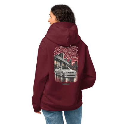 EXECUTIVE CLASS Oversized Hoodie in Bordeaux mit silbernem Auto-Print und JUICED WEAR Label auf dem Rücken